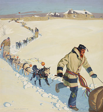 Last Dog Train Leaving Lower Fort Garry, 1909 by Charles Fraser Comfort sold for $121,250