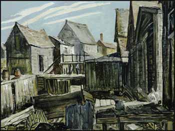 Fishing Shacks, Port Maitland, Nova Scotia by Joseph Sydney Hallam sold for $585