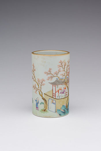 A Small Chinese Famille Rose 'Scholar and Attendant' Brushpot, Daoguang Mark and Period (1821-1850) by  Chinese Art