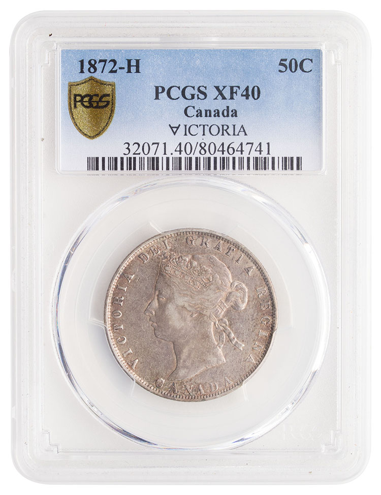 Victoria 50 Cents 1872H Inverted A for V in VICTORIA, PCGS XF40 par  Canada