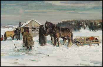 Winter, Feeding the Horses / Landscape (verso) by Peleg Franklin Brownell vendu pour $16,380