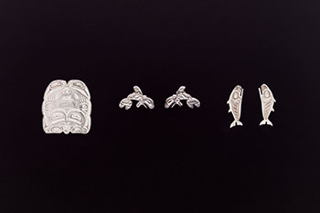 Silver Brooch, Killer Whale Stud Earrings, Salmon Stud Earrings by Freda Diesing sold for $625