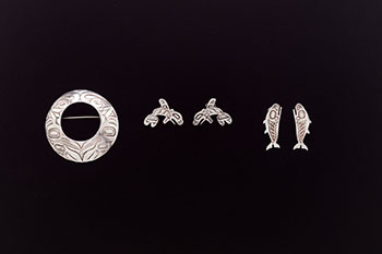 Silver Necklance Pendant or Brooch, Killer Whale Stud Earrings, Salmon Stud Earrings by Freda Diesing sold for $625