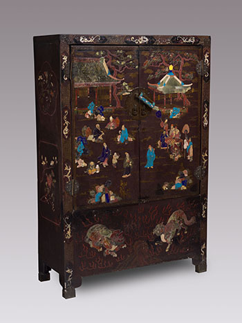 A Rare Chinese Soapstone and  Mother-of-Pearl Inlay Black Lacquer Cabinet, 18th/19th Century by Chinese Artist vendu pour $43,250