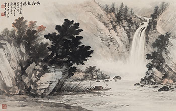 Scholar Boat and Waterfall by Huang Junbi vendu pour $18,750