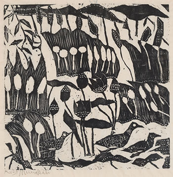 August: Reeds, Lotuses, Bulrushes, and a Family of Waterfowl by Shiko Munakata sold for $1,375