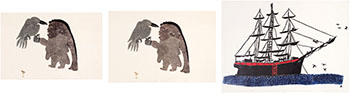 Three works: Crow with his wife Agnaklu (00400), Crow with his wife Agnaklu (00404), I Saw this Whaling Ship (00604) by Various Inuit Artists vendu pour $500