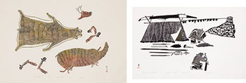 Two works: Skinned Caribou (00383), Setting up a Summer Camp (00611) by Kananginak Pootoogook sold for $625