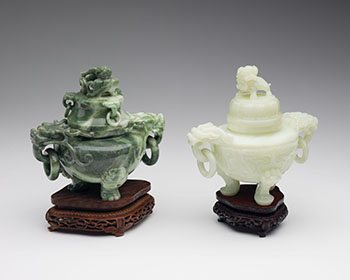 A Pale Celadon Jade and a Green Jadeite Tripod Censer and Cover, Mid-20th Century by  Chinese Art