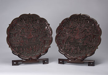 A Large Pair of Chinese Carved Cinnabar Lacquer ‘Birthday’ Foliate Dishes, Qianlong Mark, Late 19th Century par  Chinese Art