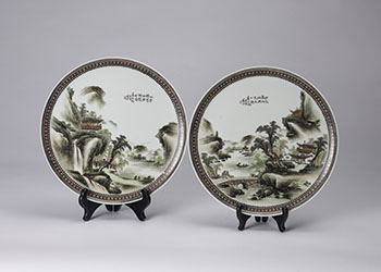 A Pair of Chinese Famille Rose 'Landscape' Dishes, Late Republican Period by  Chinese Art