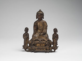 A Chinese Gilt Lacquer Bronze Buddha and Attendants Group, Ming Dynasty, 16th/17th Century by  Chinese Art