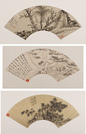 Ming Jian, Hu Shirong, Xu Hao, Three Bamboo and Tree Fan Paintings by  Chinese Art