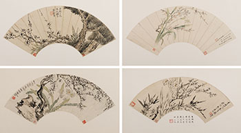 Li Bingshou, Lv Xiang, Xiong Jingxing and Others, Four Floral Fan Paintings by  Chinese Art