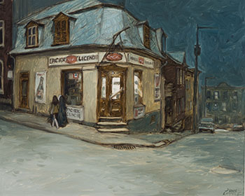 Une nuit d'octobre, l'été indien, épicerie coin Sutherland et Latourelle, Québec by John Geoffrey Caruthers Little