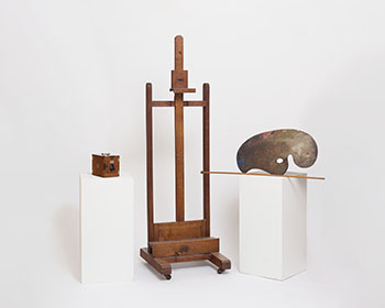 Artist’s Easel, Mahl Stick, Palette, Camera and Ephemera by Paul Peel