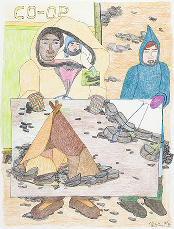 A Woman and Her Son Holding a Drawing of Their Ancestors by Shuvinai Ashoona
