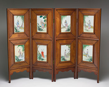 A Chinese Four Panel Rosewood and Famille Rose Porcelain Inlay Table Screen, Republican Period, Circa 1920's by  Chinese Art