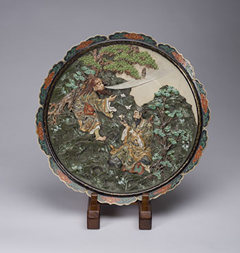 A Large Japanese Satsuma Relief Figural Dish, Signed Kawamoto Sakae San, Meiji Period, Circa 1900 by  Japanese Art