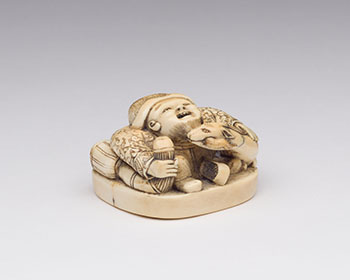 An Unusual Japanese Ivory Seal-Form Chinese Man and Mythical Beast, 19th Century par  Japanese Art