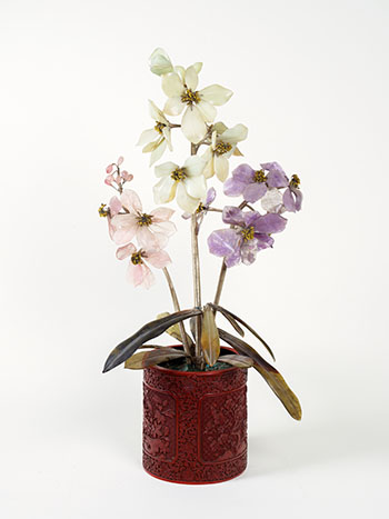 	A Large Chinese Red Cinnabar Lacquer Brushpot and Hardstone Flowers, Early 20th Century by Chinese Artist
