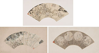 Ge Zun and Other Scholars, Three Figural Fan Paintings by  Various Artists