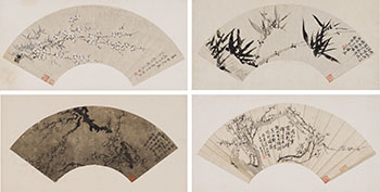 Zhao Zhichen and Scholars, Four Plum and Bamboo Fan Paintings by  Chinese Art