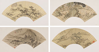 Ge Zun, Guan Tingfen and Scholars, Four Landscape Fan Paintings by  Chinese Art