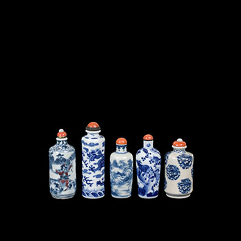 Five Chinese Blue and White Snuff Bottles, 19th Century by  Chinese Art