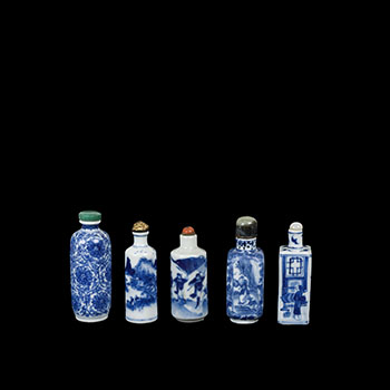 Five Chinese Blue and White Snuff Bottles, 19th Century by  Chinese Art