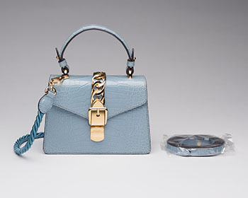 A LIMITED EDITION CLOUDY BLUE CROCODILE MINI GUCCI SYLVIE WITH GOLD HARDWARE by  GUCCI