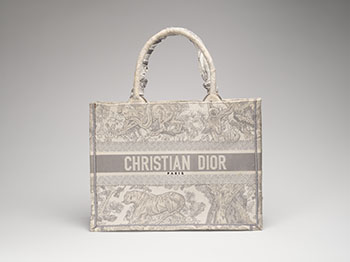 A GRAY AND ECRU TOILE DE JOUY EMBROIDERY CANVAS BOOK TOTE WITH A DIOR WHITE AND GREY TWILLY by  DIOR