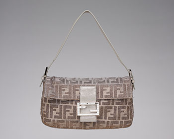 A ZUCCA FF MONOGRAM GLITTER METALLIC BAGUETTE BAG WITH SILVER HARDWARE AND CRYSTAL BUCKLE by  FENDI