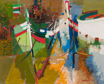 Boat Theme in Green, Red, White and Blue; Beach, Collioure par Jack Leonard Shadbolt