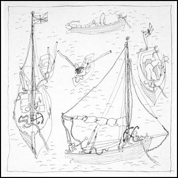 Boats at Anchor with Dinghy par Bertram Charles (B.C.) Binning