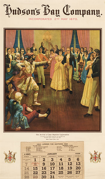 HBC 1934 Calendar ft. Adam Sherriff Scott - Lagimodière at Selkirk's House, 1815 (#00097) by Hudson's Bay Company 