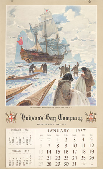 HBC 1957 Calendar ft. George Franklin Arbuckle - 17th Century Eskimos Trading with a Hudson's Bay Company Ship (#00127) by Hudson's Bay Company 