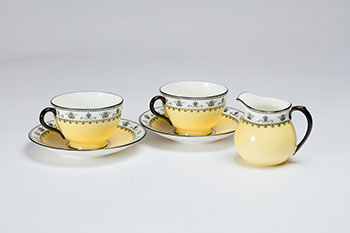 Black and Yellow Patterned Cups, Saucers and Creamer Set (#01104) by Hudson's Bay Company 