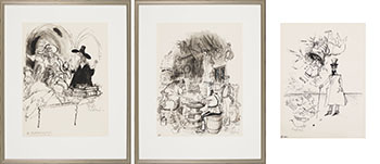 Three Works: Bayly offered the Governorship of Rupertsland / Keeping Warm, Mountie & Horse in HBC Store / Selkirk (0254, 0463, 0275) by Ronald Searle