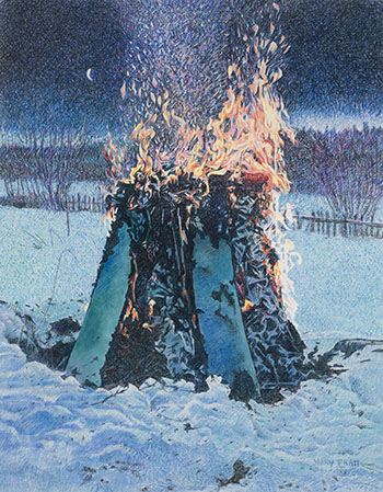 Bonfire and Morning Moon by Mary Frances Pratt