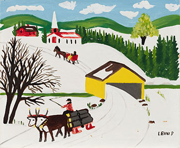 Ox Team Hauling Logs with Single Horse-Drawn Sled in Distance by Maud Lewis