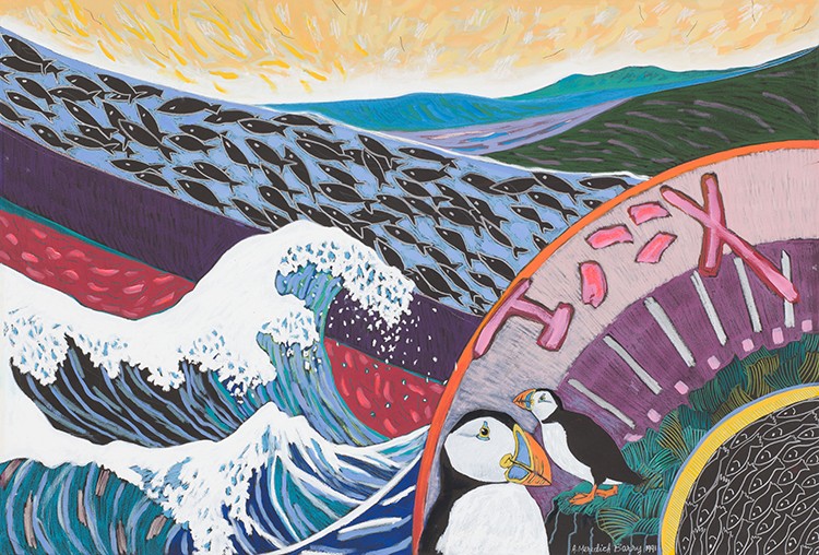 Sky Fan, Hokusai Wave and Puffins by Anne Meredith Barry