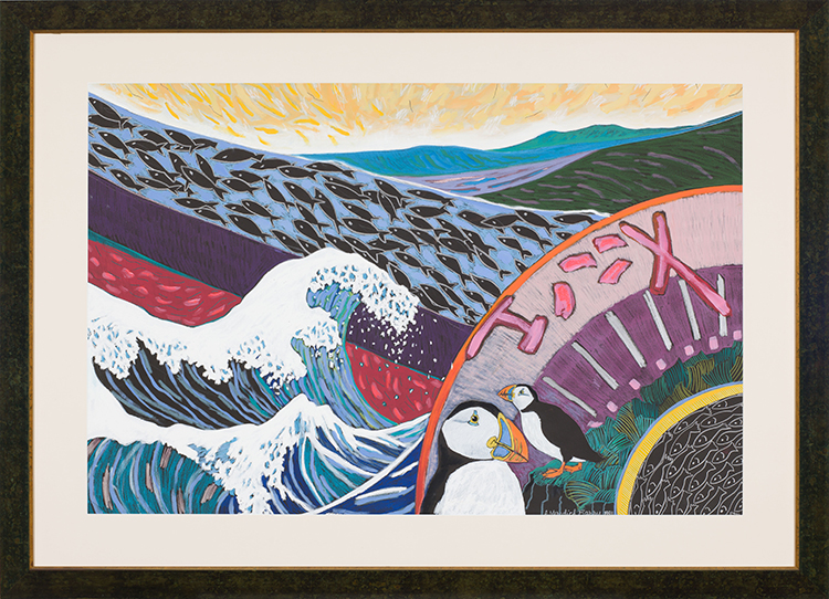 Sky Fan, Hokusai Wave and Puffins by Anne Meredith Barry