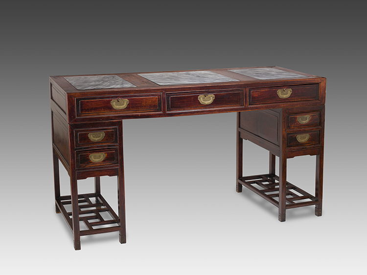 A Chinese Rosewood and Marble Inset Three-Piece Pedestal Desk, Late Qing Dynasty, 19th Century by  Chinese School