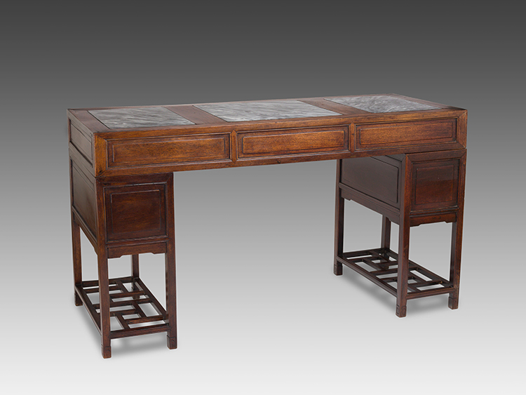 A Chinese Rosewood and Marble Inset Three-Piece Pedestal Desk, Late Qing Dynasty, 19th Century by  Chinese School