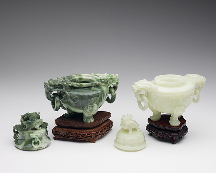 A Pale Celadon Jade and a Green Jadeite Tripod Censer and Cover, Mid-20th Century by  Chinese Art
