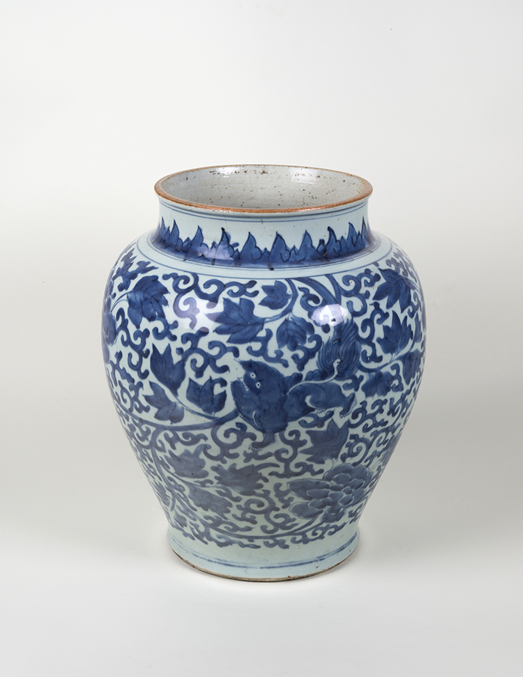 A Large Chinese Blue and White 'Lion and Peonies' Guan Jar, Ming Dynasty, Wanli Period (1573 - 1620) by  Chinese Art
