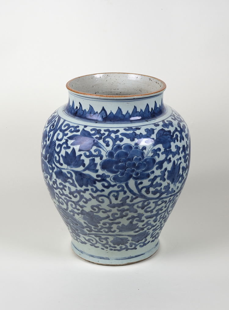 A Large Chinese Blue and White 'Lion and Peonies' Guan Jar, Ming Dynasty, Wanli Period (1573 - 1620) by  Chinese Art
