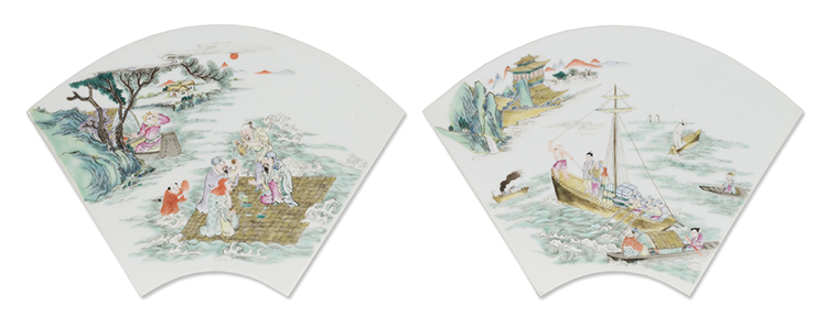 A Pair of Chinese Famille Rose Fan-Shaped Landscape Panels, Early 20th Century by  Chinese Art