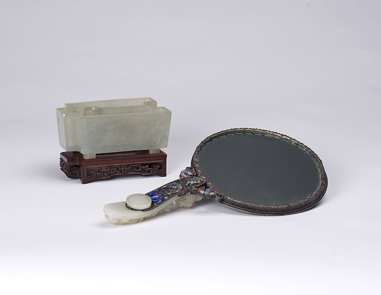 A Chinese Jadeite Coin-form Brushwasher and a Silver and Jade Mirror, 19th/20th Century by  Chinese Art